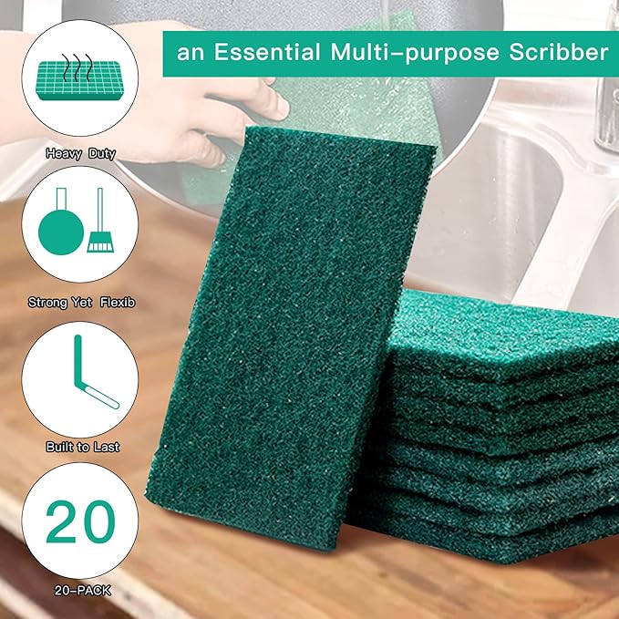 Heavy Duty Scour Pads Sponge Dish Scrubber Non-Scratch Green Reusable Household Scrub Pads for Kitchen and Dish Cleaning Tool (20Pcs Sponge+3Pcs Clean Towel)