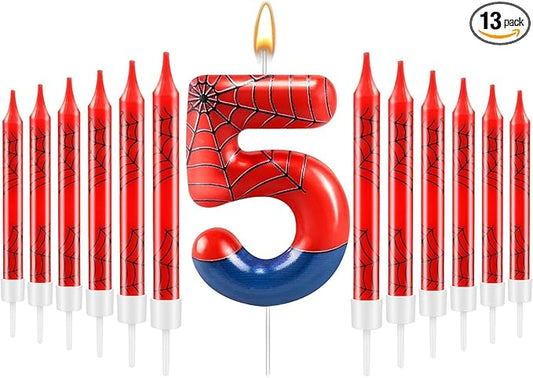 13 Pcs Spider Themed Birthday Candle Set Red Spider Theme Number 5 Candle Cake Topper for Boys Girls Birthday Decoration Spider Party Decoration Supplies (Number 5)