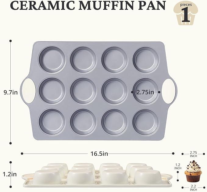 Ceramic Muffin Pan,12-Cup Nonstick Aluminized Steel Cupcake Pans, Healthy Non-Toxic Ceramic Coating Muffin Tin, 1 Pack Cup Cake Pans for Baking Cream