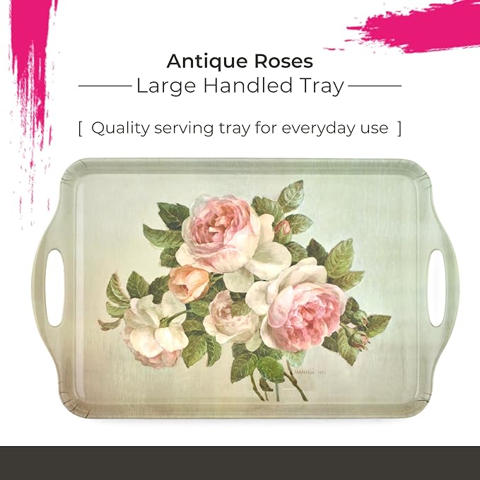 Pimpernel Antique Roses Large Handled Tray - Durable Melamine Serveware with Handles - Dishwasher-Safe Floral Decorative Centerpiece - 18.9" x 11.6" Elegant Tray for Entertaining Guests