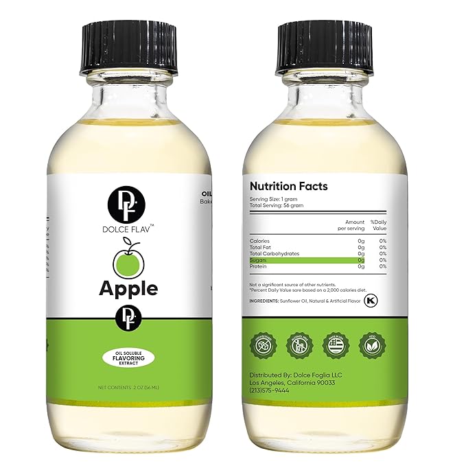 Dolce Flav Apple Extract – 2 Ounce Oil-Soluble Kosher, Sugar-Free, Concentrated Crisp Apple Flavoring for Baking, Chocolates & Desserts, Includes Measured Dropper