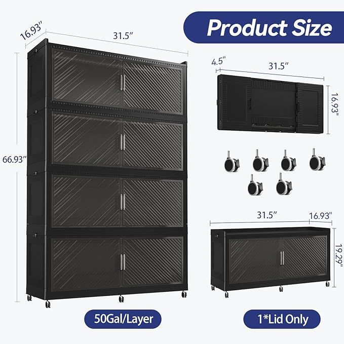 200GAL Extra Large Storage Bins with Lid, 800QT Plastic Stackable Storage Bins with 6x Wheels, Collapsible Closet Organizer and Storage Drawer Cabinet for Living Room Office Dorm, 4Pack Black