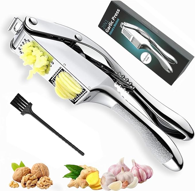 Garlic Press and Slicer 2 in 1, Rust Proof & Dishwasher Safe Professional Garlic Mincer Tool, Effortlessly Crush and Mince Garlic with this Ergonomic Handle-Garlic Peeler & Brush ANCQMI(Silver)