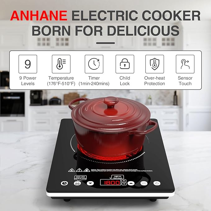 Electric Cooktop 12 Inch,Single Burner Plug in Portable 110V Electric Cooktop, Countertop Ceramic Stove Top with Power Levels and Overheat Protection