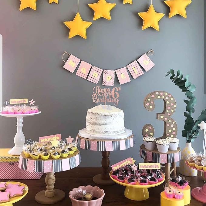 1 PCS Happy 6th Birthday Cake Topper - Glitter Cheers to 6 Years - Fabulous Cake Decoration for 6th Birthday Theme Party - Rose Gold