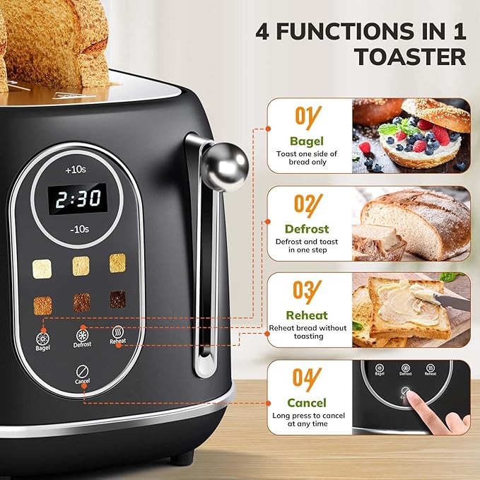 Keenstone Smart Touch Screen Toaster 2 Slice, Retro Wide Slot Stainless Steel Toaster with 6 Browning Levels, Reheat & Defrost, for Bagel, Toast, Bread, Removable Crumb Tray, Black