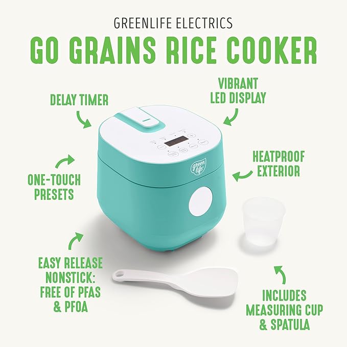 GreenLife Digital Rice Cooker, 2-Cups Uncooked/4-Cups Cooked, Removable Nonstick Ceramic PFAS-Free Pot, One-Touch Presets, Oats, Quinoa, Brown Rice, Auto Keep Warm, Fuzzy Logic Tech, 1.5 QT, Turquoise