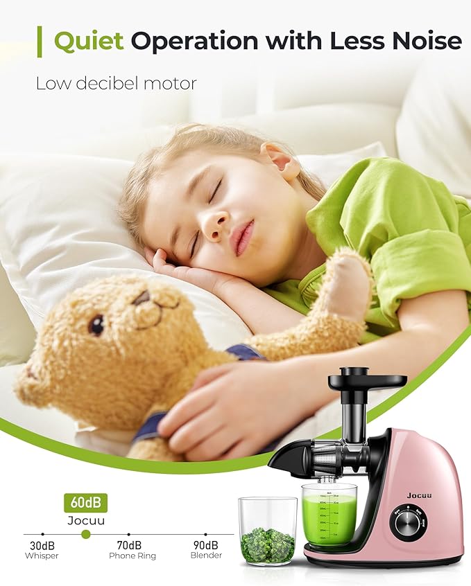 Jocuu Slow Masticating Juicer with 2-Speed Modes - Cold Press Juicer Machine - Quiet Motor & Reverse Function - Easy to Clean Juicer Extractor - Juice Recipes for Fruits & Vegetables (Light Pink)