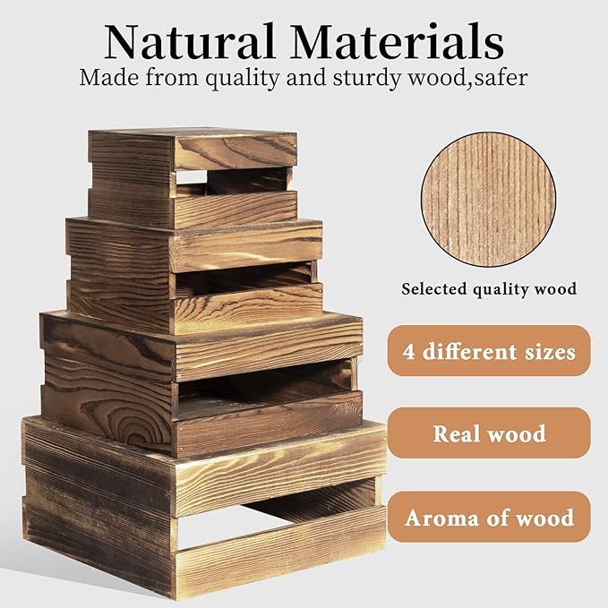 4 Pcs Buffet Risers with Mini Signs, Rustic Wood Cake Stands, Food Risers for Buffet Table, Dessert Display Stand, Wood Crates, Rustic Cake Stand for Party, Wedding, Birthday, Baby Shower, 4 Sizes