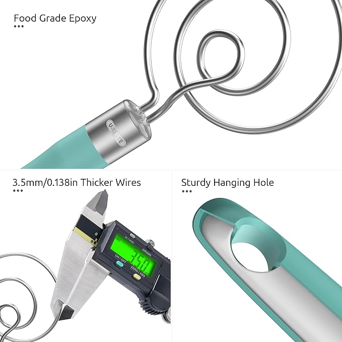U-Taste 12.6in Danish Dough Whisk: 18/8 Stainless Steel Heavy-Duty Sourdough Mixer Tool, Food Grade Dutch Style Seamless Bread Wisk, Sturdy for Mixing, Stirring, Kneading Thick Batter (Aqua Sky)
