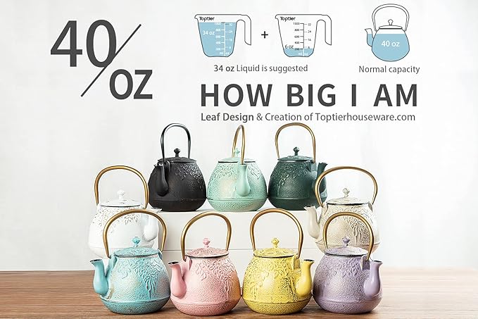 Tea Kettle, TOPTIER Japanese Cast Iron Teapot with Infuser for Loose Leaf and Tea Bags, Stovetop Safe Cast Iron Tea Kettle Coated with Enameled Interior for 40 oz (1200 ml), Light Green
