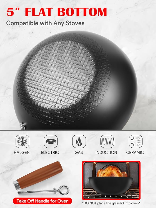 Carbon Steel Pan, 9.5-Inch Stir-Fry Woks & Pans Set with Glass Lid, 1.65lb Lightweight No Chemical Coated Flat Bottom Small Wok for 1-2 Servings