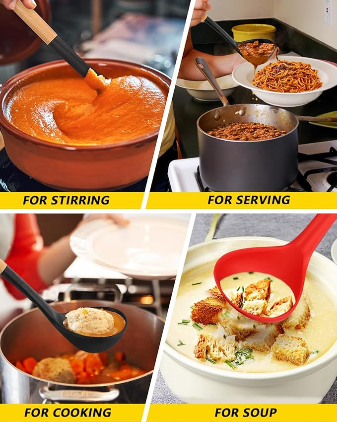 Pack of 2 Soup Ladle, Silicone Ladle Spoon with Wooden Handle, Large Non Stick High Heat Resistant Kitchen Utensils for Cooking, Stirring, Serving Soups(BLACK-RED)