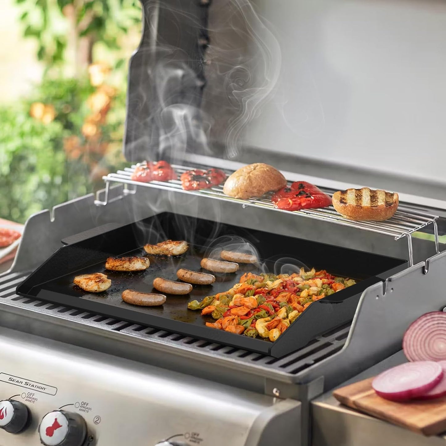 Onlyfire Universal Enamelled Cast Iron Cooking Griddle, Nonstick Coating Griddle Flat Top Grill Plate with extra high sidewalls for All Gas Grills and 4 Burner Range Oven, 23" x 16"