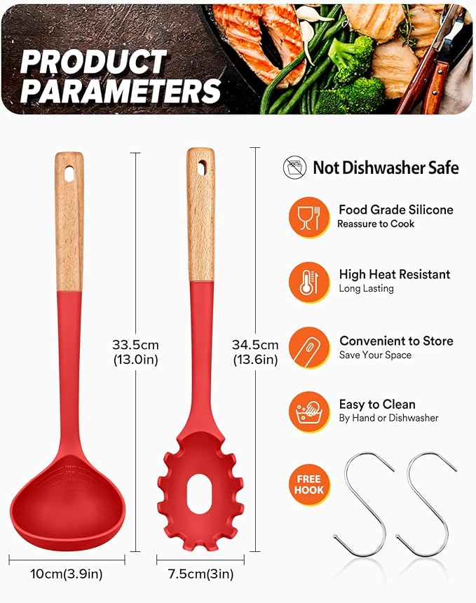 Pasta Fork and Ladle Set, Perfect for Serving Hot Soup, Stirring, and Sauce Pasta, BPA-Free Matte Silicone, Wood Handle Spaghetti Spoon for Nonstick Cooking Surfaces (Red)
