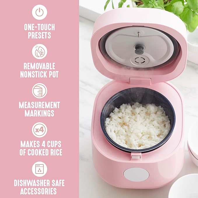 GreenLife Digital Rice Cooker, 2-Cups Uncooked/4-Cups Cooked, Removable Nonstick Ceramic PFAS-Free Pot, One-Touch Presets, Oats, Quinoa, Brown Rice, Auto Keep Warm, Fuzzy Logic Tech, 1.5 QT, Pink