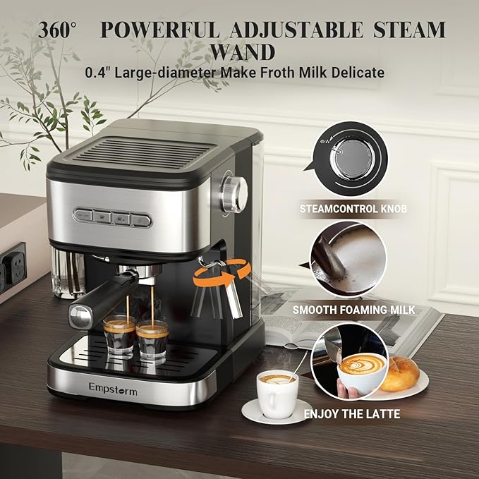 Espresso Machine 20 Bar, 2 in 1 Espresso Maker with Milk Frother Steam Wand for Latte and Cappuccino, Powder and Capsule Portafilter, 50oz Removable Water Tank Coffee Machine for Home-Silver