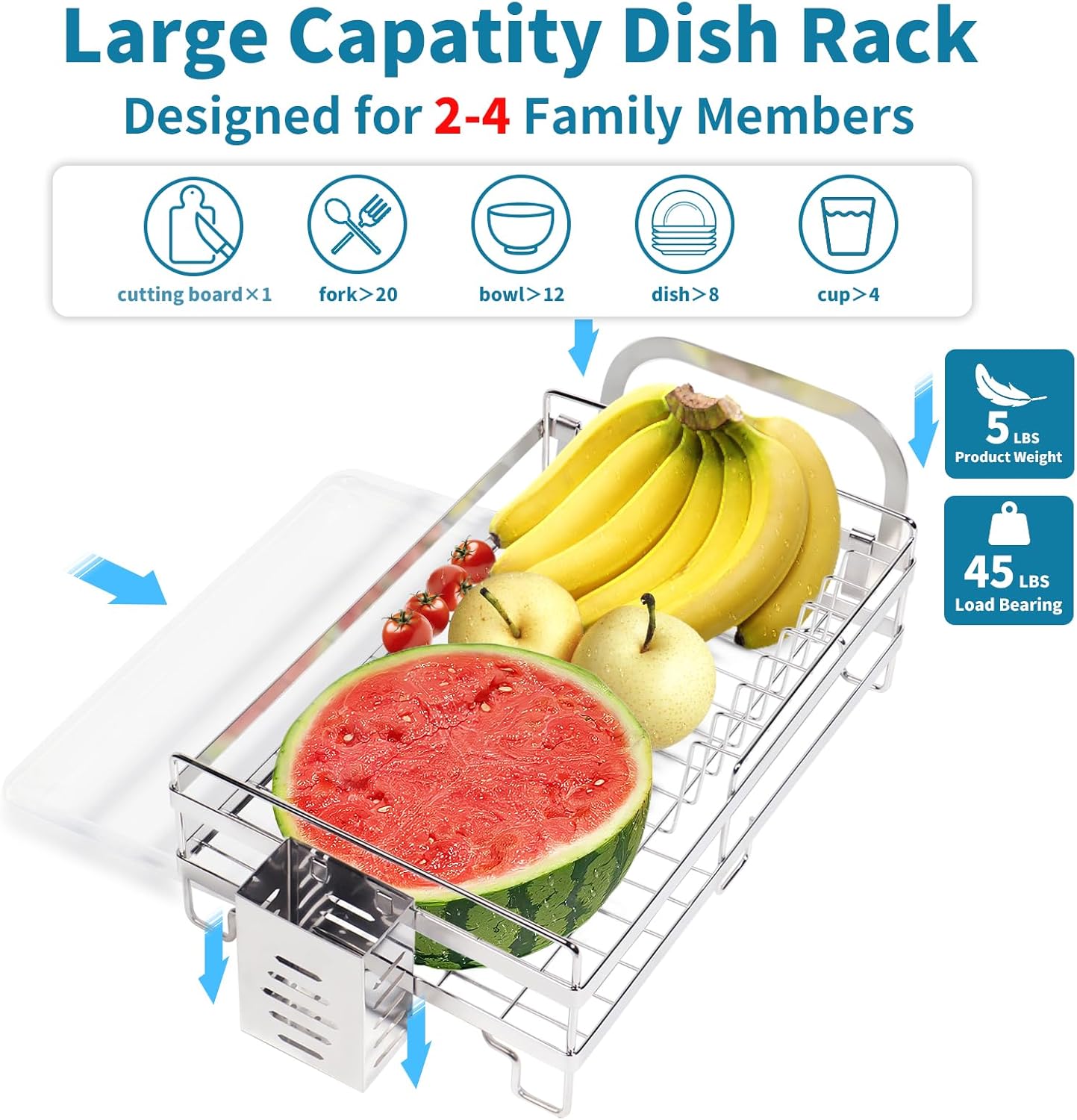 Stainless Steel Dish Racks for Kitchen Counter - Large Dish Drying Rack with Pull Drain Tray, Over The Sink Dish Drainer Drying Rack for Small Spaces, Durable for Countertop Sink
