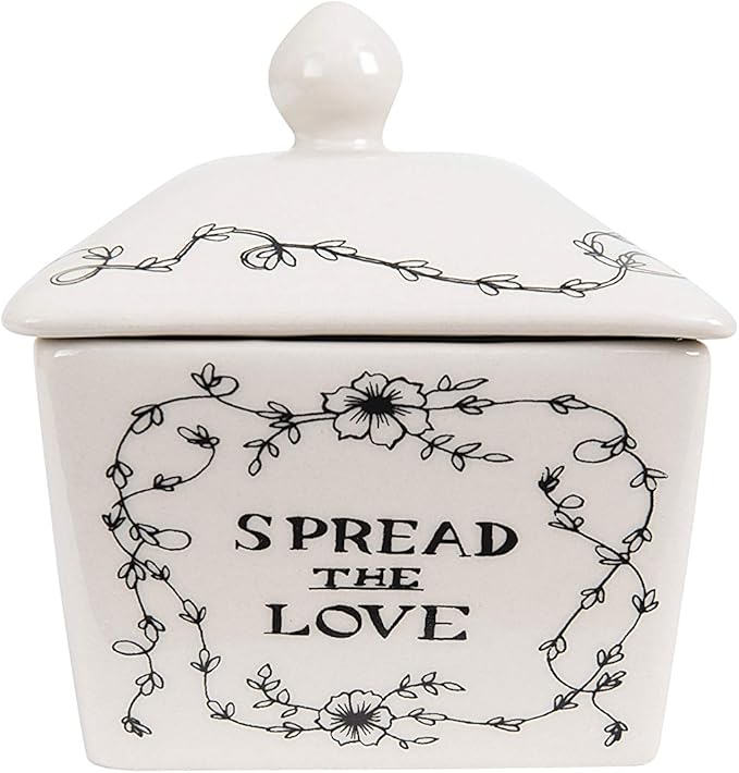 Creative Co-Op Country Stoneware Butter Dish with Lid, "Spread the Love" Message, and Farm Line Drawing, White and Black, Food, Microwave, and Dishwasher Safe