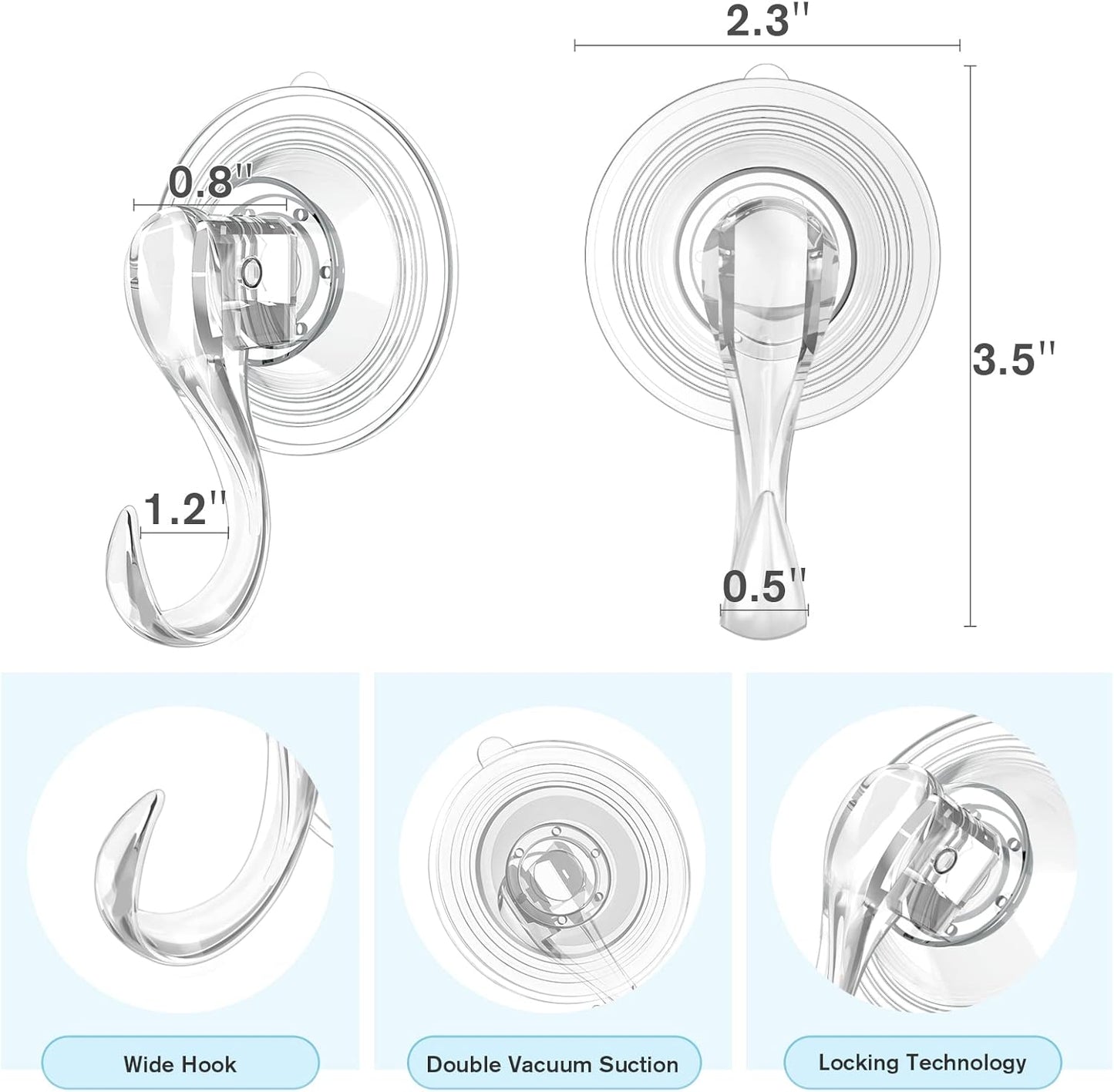 VIS'V Suction Cup Hooks, Small Shower Suction Hooks with Wipes, Heavy Duty, Removable and Reusable, Clear, 2 Pcs