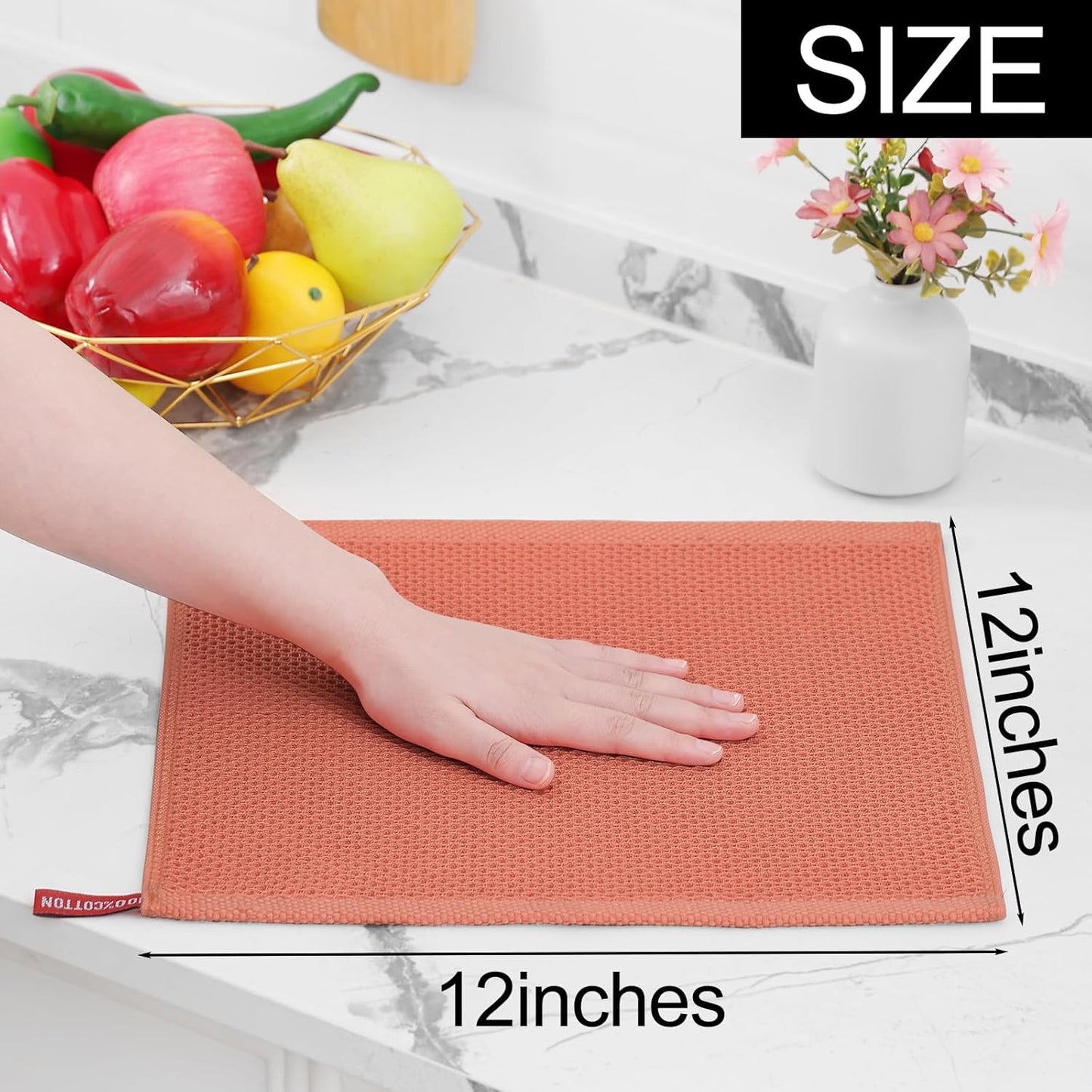 Homaxy 100% Cotton Waffle Weave Kitchen Dish Cloths, Ultra Soft Absorbent Quick Drying Dish Towels, 12 x 12 Inches, 12-Pack, Coral