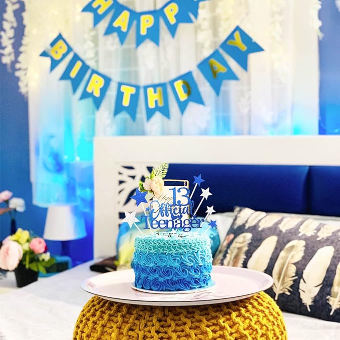 Glittery 13 Ofiicial Teenager Cake Topper with Star Boys and Girls 13th Birthday Party Supplies,Thirteen Years Old Birthday Party Decorations Royal Blue