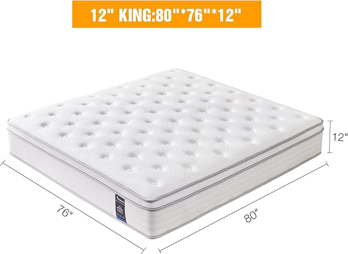 King Mattress, 12 Inch Hybrid Mattress in a Box, Memory Foam and Individual Pocket Springs, Fiberglass Free, Soft and Breathable, Medium Firm Feel
