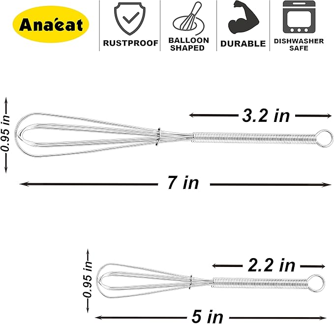 Anaeat Mini Wire Whisks, Set of 4 Portable Stainless Steel Kitchen Tiny Whisk & Egg Beater with Thick Wire - Sturdy Small Mixing Balloon for Cooking, Blending, Whiping, Beating and Stirring (5" + 7")