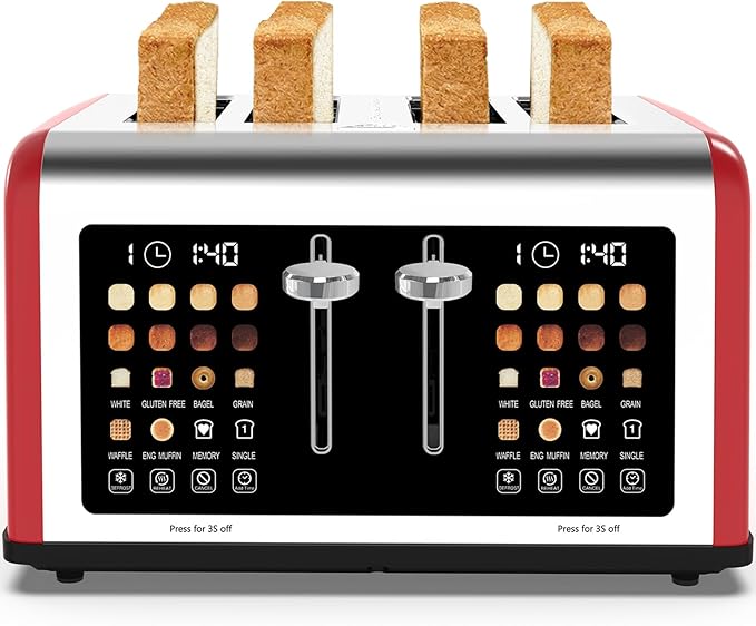 4 Slice Toaster Touch Screen, Stainless Steel Toasters Digital Timer, Dual Control Panel Toasters, 8 Shade Settings 6 Bread Types for Bagel, Cancel, Defrost 1650W Red