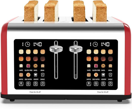 4 Slice Toaster Touch Screen, Stainless Steel Toasters Digital Timer, Dual Control Panel Toasters, 8 Shade Settings 6 Bread Types for Bagel, Cancel, Defrost 1650W Red