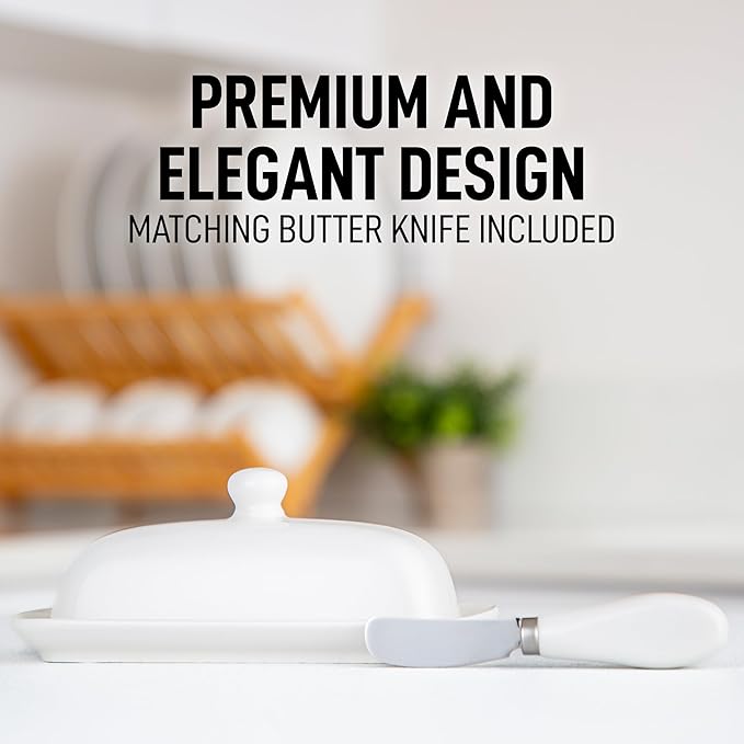 Zulay Butter Dish With Lid For Countertop - Porcelain White, Ceramic Butter Dish with Knob Handle Great for Cooking - Elegant Design Butter Holder - Durable & Sturdy Butter Keeper - White