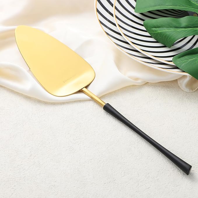 black gold Cake Cutter,Stainless Steel Pie Spatula Serrated,Cake Pizza Cutter Tart Dessert Slicer Comfortable Handle (black gold)