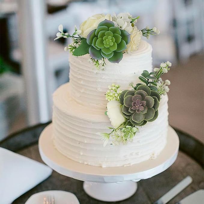 Rinlong Pre-made 3Pcs Faux Succulent Cake Decorating Flowers Cake Toppers Green Cake Decorations Wedding Birthday Baby Shower Spring Cake Decor Topper