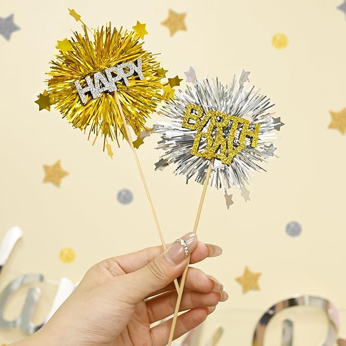 LOLStar 12 PCS Happy Birthday Cake Toppers, Gold and Silver Foil Cupcake Toppers, Glitter Tinsel Cupcake Decor, Food Picks Drink Stirrers Cocktail Toothpicks for Celebrating Party Supplies