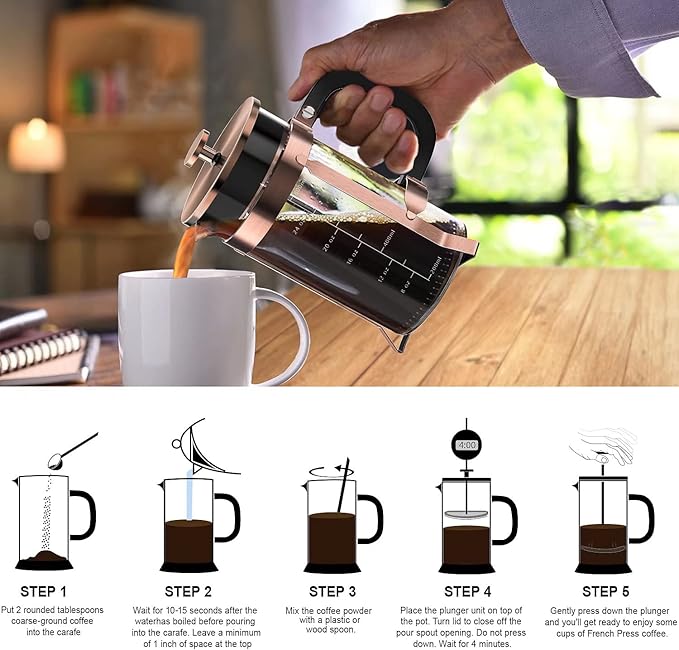 QUQIYSO French Press Coffee Maker 34oz 304 Stainless Steel with 4 Filter, Heat Resistant Durable, Easy to Clean, Borosilicate Glass Press, 100% BPA Free Teapot (Copper)