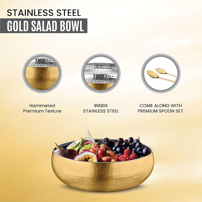 Avador® Set of 3 Premium Stainless Steel Salad Mixing Bowl Hammered Finish | Handmade | Includes Salad Serving Utensils (Gold Plated)
