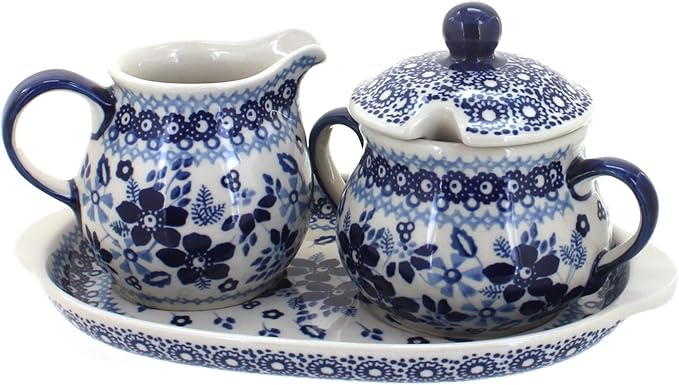 Blue Rose Polish Pottery Vintage Blue Daisy Sugar & Creamer with Tray