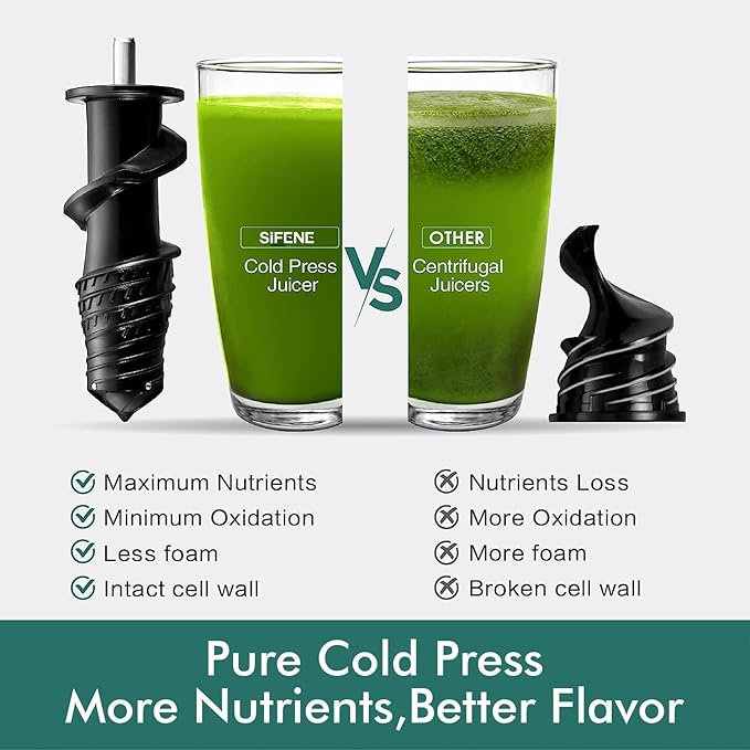 SiFENE Cold Press Juicer Machine, Dual 3" Wide Mouth Slow Masticating Juicer, Anti-Clog Function, Extracts Wheatgrass & Fruit Juice, Easy to Clean, BPA Free for Vegetable and Fruit Juicing, Black