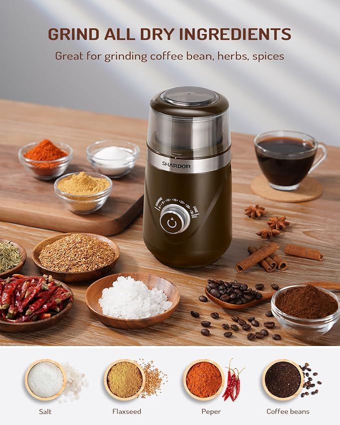 SHARDOR Electric Super Silent Blade Coffee Grinder, Timed Grind Control Rotary Knob, Adjustable Coarse to Fine for Coffee Beans, Spices & Herbs, with 1 Removable Stainless Steel Bowl, Brown