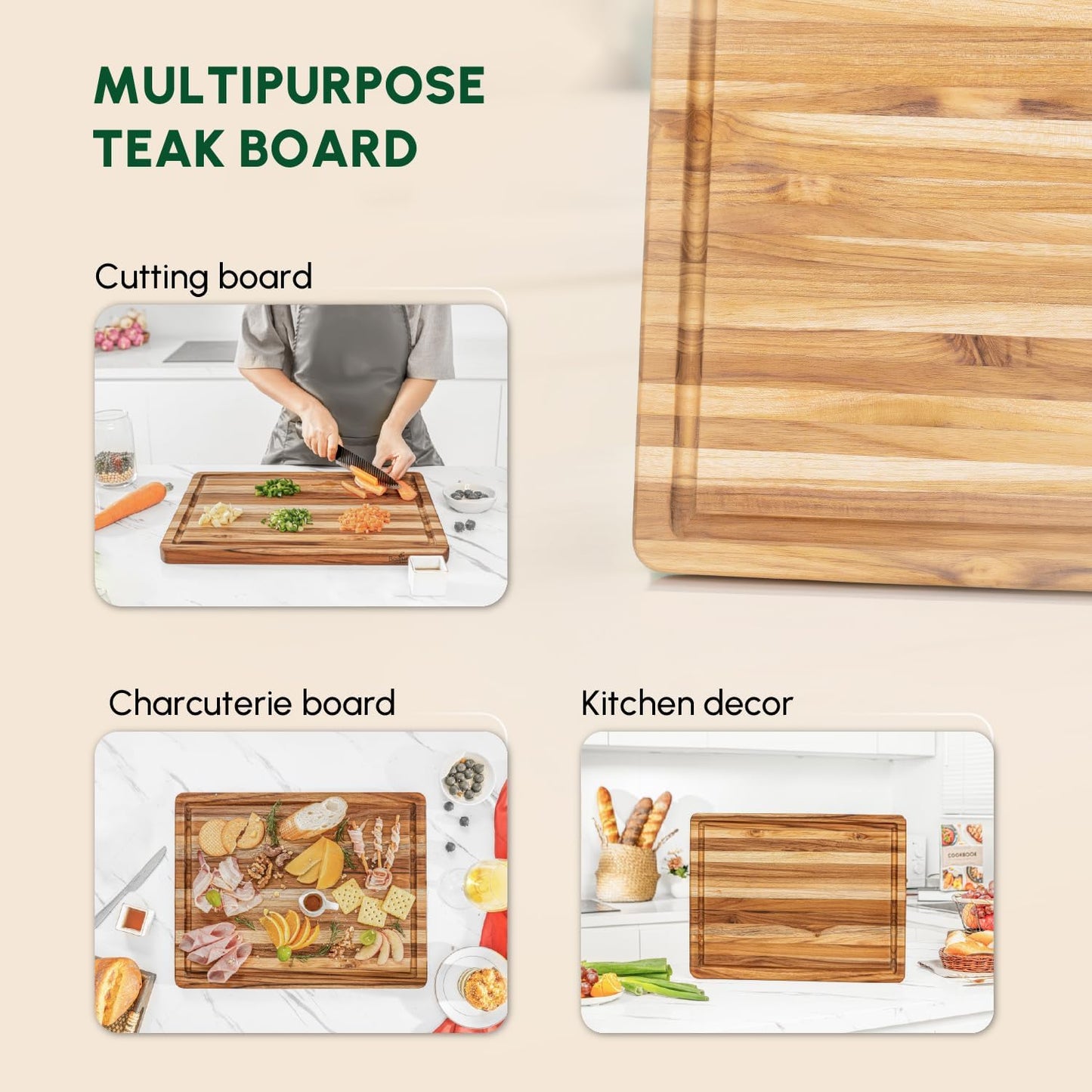 BEEFURNI Teak Wood Cutting Board with Juice Groove Hand Grip (S, 18x14x1"), Wooden Cutting Boards for Kitchen, Butcher Block, Charcuterie Boards, Christmas Gifts, 1-year Manufacturer Warranty