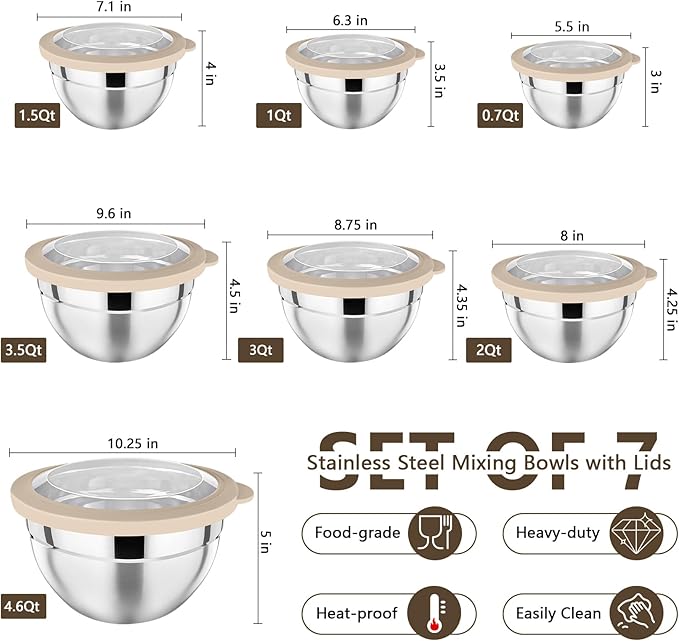 P&P CHEF Mixing Bowl with Lid Set of 7, Stainless Steel Nesting Salad Bowls for Cooking Serving Prepping, Clear Lids & Stackable Design, Size 4.6, 3.5, 3, 2, 1.5, 1, 0.7 Qt - Khaki