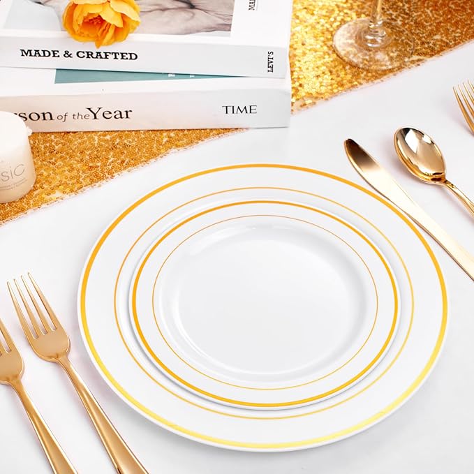 FLOWERCAT 60PCS Gold Plastic Plates - Heavy Duty White and Gold Plastic Plates Disposable for New Year/Thanksgiving Party/Wedding - Include 30PCS 10.25" Dinner Plates and 30PCS 7.5" Dessert Plates