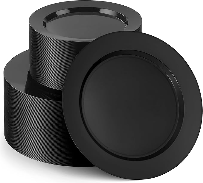 Munfix 100 Black Plastic Plates Set, 50 Pcs 10 Inch Plastic Dinner Plates and 50 Pcs 7 Inch Plastic Dessert Plates, Elegant Fancy Heavy Duty Disposable Plates for Party, Wedding, Black
