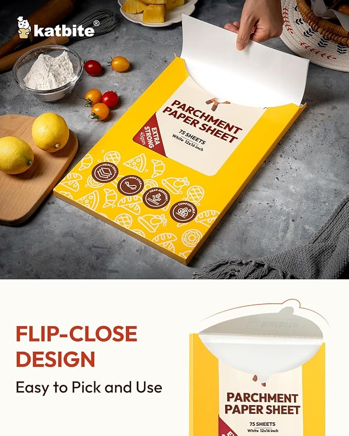 Katbite 75Pcs White Parchment Paper Sheets 12x16IN, Pre-Cut Heavy Duty Parchment Baking Paper, Non-Stick Half Sheet White Baking Parchment Paper for Air Fryer, Baking Cookie Pans[Advanced Series]