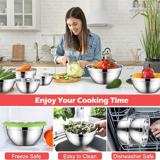 E-far Mixing Bowls Set of 7, Stainless Steel Mixing Bowls with Airtight Clear Lids, Metal Nesting Bowls for Kitchen Prep, Baking, Serving, Dishwasher Safe, Size 4.6, 3.5, 3, 2, 1.5, 1, 0.7QT, Colorful