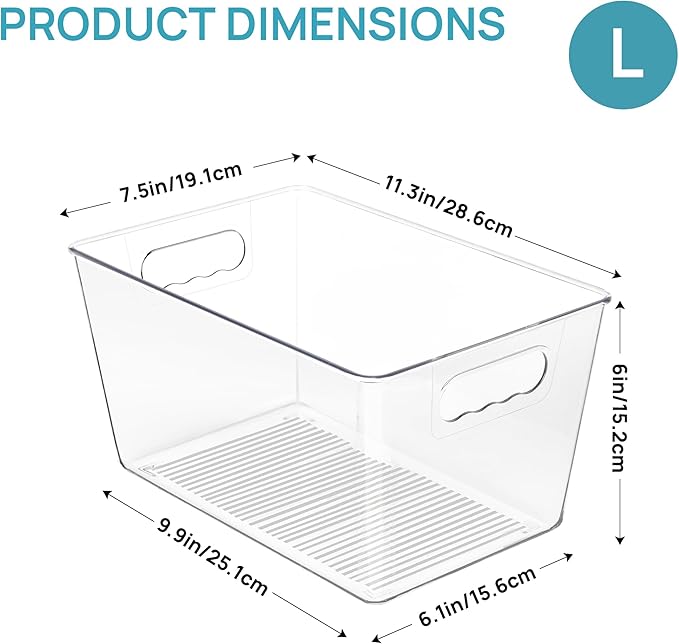 Vtopmart Clear Plastic Pantry Organizer Bins, 6 PCS Food Storage Bins with Handle for Refrigerator, Fridge, Cabinet, Kitchen, Countertops, Cupboard, Freezer Organization and Storage, BPA Free, Large