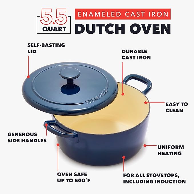 GreenPan x Bobby Flay 5.5QT Enameled Cast Iron Round Dutch Oven with Lid, Dual Handles, Oven Safe to 500F & Induction Suitable, Self Basting Lid, Ultra-Durable, Sear, Braising, Bread, Stews, Cobalt