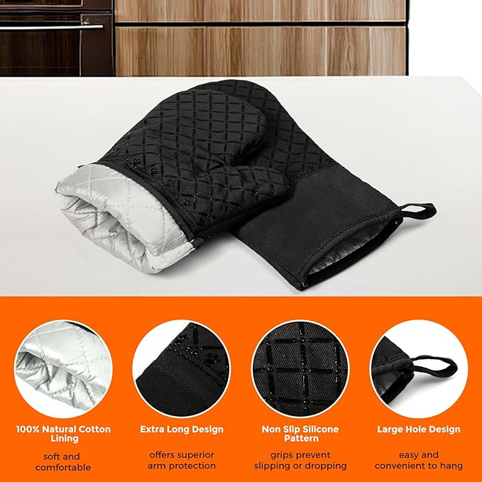2 Pcs Oven Mitts Heat Resistant for Kitchen, Kitchen Oven Gloves, Long Oven Mitts and Pot holder with Non-Slip Silicone Stripe and Soft Cotton Lining, Silicone Oven Mitts for Cooking Baking BBQ Gloves