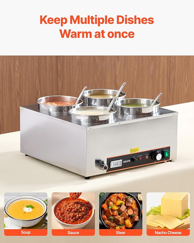 VEVOR Electric Soup Warmer, Four 6.34QT Stainless Steel Round Pot with 86~185°F Adjustable Temp, 1500W Commercial Bain Marie with Anti-Dry Burn and Reset Button, Soup Station for Restaurant, Buffet