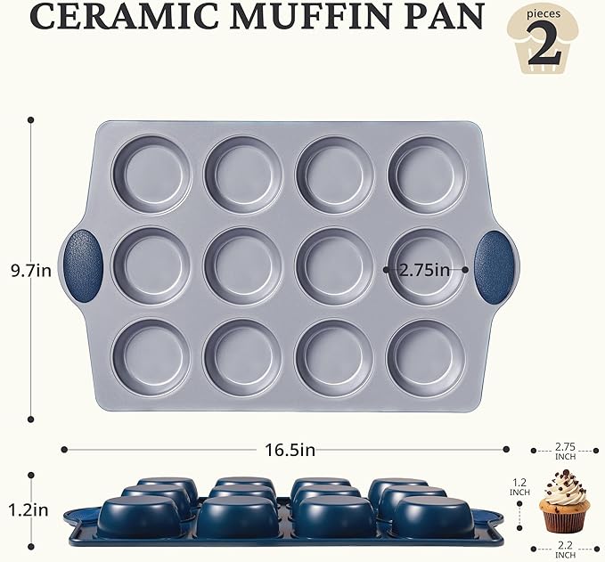 BRONYPRO Ceramic Muffin Pan, 12-Cup Nonstick Aluminized Steel Cupcake Pans, Healthy Non-Toxic Ceramic Coating Muffin tin, 2 Pack Cup Cake Pans for Baking Blue